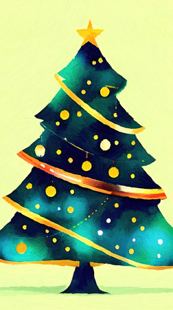 Digital watercolor painting christmas tree. Glowing decorations and celebration happinessの写真素材