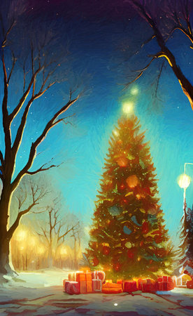 Digital watercolor painting christmas tree. Glowing decorations and celebration happinessの写真素材