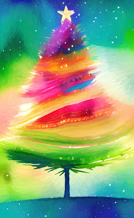 Digital watercolor painting christmas tree. Glowing decorations and celebration happinessの写真素材