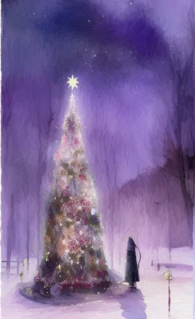 Digital watercolor painting christmas tree. Glowing decorations and celebration happinessの写真素材