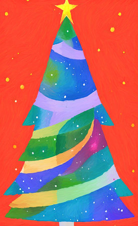 Digital watercolor painting christmas tree. Glowing decorations and celebration happinessの写真素材