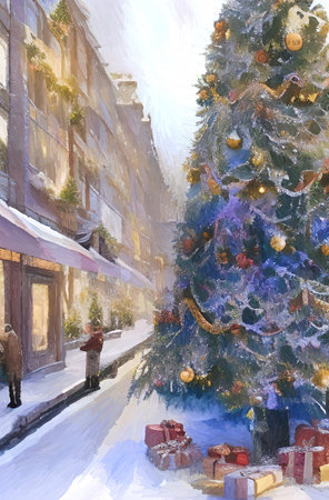 Digital watercolor painting christmas tree. Glowing decorations and celebration happinessの写真素材