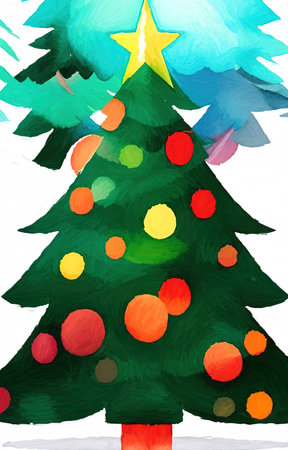Digital watercolor painting christmas tree. Glowing decorations and celebration happinessの写真素材
