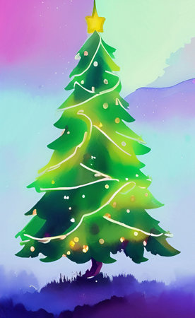 Digital watercolor painting christmas tree. Glowing decorations and celebration happinessの写真素材