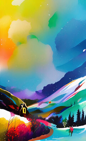 Digital watercolor painting winter snowy landscape, cold weather and northern nature, scenic illustration. Christmas mood. Print for canvas, card, greeting or textile decoration.の写真素材