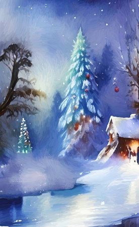 Digital watercolor painting winter snowy landscape, cold weather and northern nature, scenic illustration. Christmas mood. Print for canvas, card, greeting or textile decoration.の写真素材