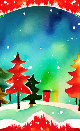 Digital watercolor painting winter snowy landscape, cold weather and northern nature, scenic illustration. Christmas mood. Print for canvas, card, greeting or textile decoration.の写真素材