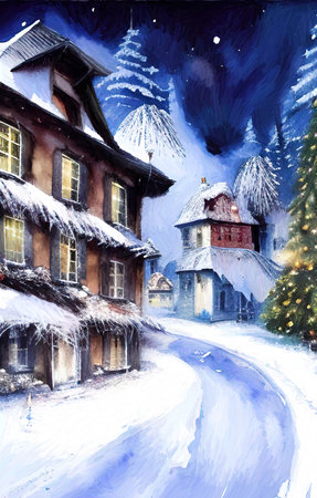 Digital watercolor painting winter snowy landscape, cold weather and northern nature, scenic illustration. Christmas mood. Print for canvas, card, greeting or textile decoration.の写真素材