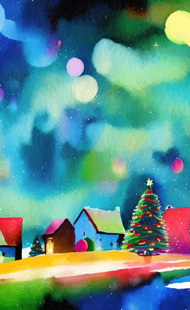 Digital watercolor painting winter snowy landscape, cold weather and northern nature, scenic illustration. Christmas mood. Print for canvas, card, greeting or textile decoration.の写真素材