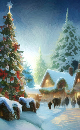 Digital watercolor painting winter snowy landscape, cold weather and northern nature, scenic illustration. Christmas mood. Print for canvas, card, greeting or textile decoration.の写真素材