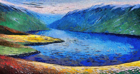 Panoramic view of a lake in the mountains. oil painting.の写真素材