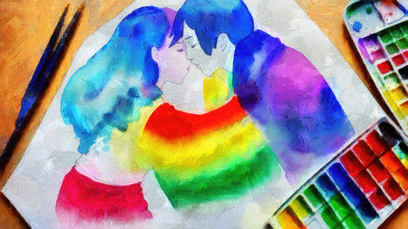 Painting of a woman and a girl in the colors of the rainbow