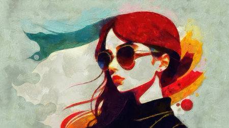 Illustration of a girl in a red cap and sunglasses on a grunge background