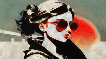 Beautiful young girl with red hair and sunglasses. digital painting.の写真素材