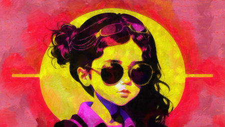 Fashion illustration of a beautiful young girl in sunglasses on colorful background.