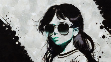 Fashion girl in sunglasses on grunge background. hand drawn illustration.の写真素材
