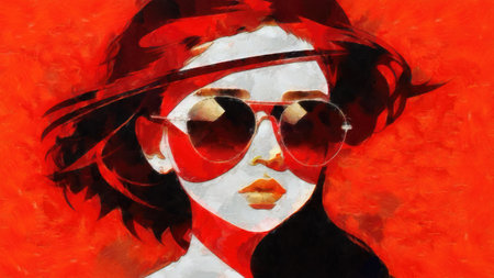 Abstract painting of a beautiful woman in sunglasses and a red hat.の写真素材