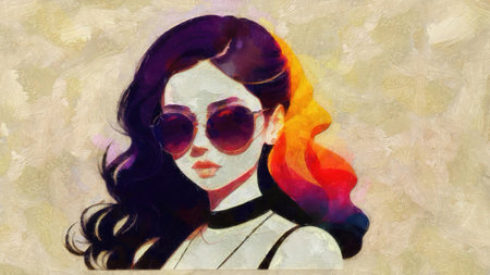 Portrait of a beautiful girl with long hair and sunglasses. oil painting.