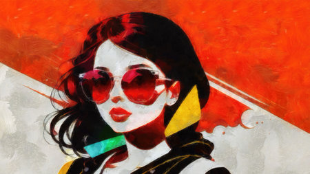 Portrait of a beautiful girl with red hair and sunglasses. digital painting.の写真素材