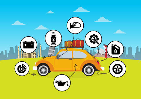 car accessory icon Prepare before traveling on city backgroundのイラスト素材