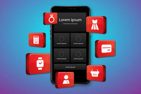 smartphone and icon application on blue backgroundの写真素材