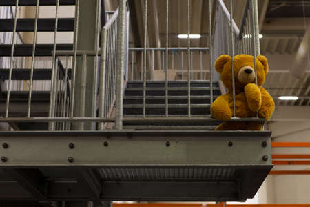 Teddy bear mascot in a warehouse.の写真素材