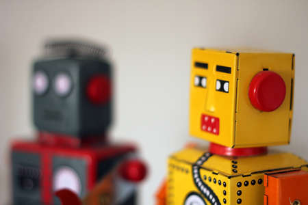 Two sheet metal robots in detailの写真素材