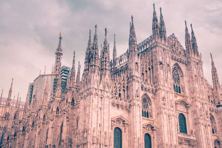 Exterior architecture of Milan Cathedral, known as Duomo di Milano, one of the largest churches in the world.の写真素材