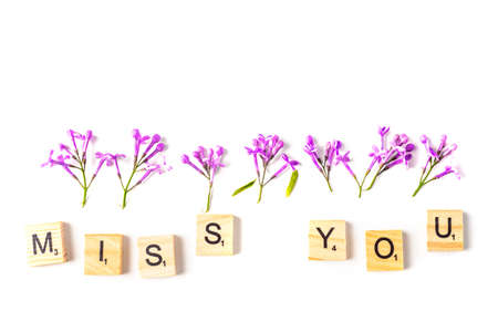 Close up of of lilac flowers and wooden letters forming - miss you on white background. Top view. Concept of love and missing someone.の写真素材