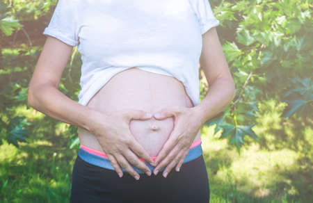 Pregnant woman standing and touching her belly in the park. Close-up of torso. Future mom expecting...