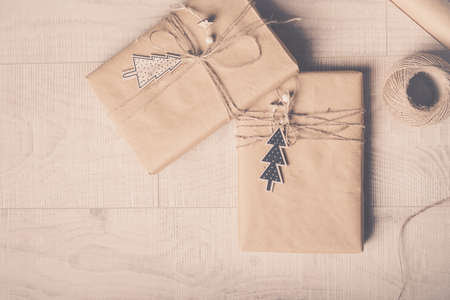 Christmas theme. Handmade Gift wrapping for Christmas and New Year.の写真素材