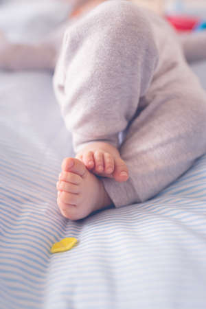 Close up of newborn baby feet and toes, selective focus.の写真素材