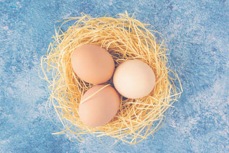 Top view of fresh uncolored chicken eggs in straw nest on blue textured background. Happy easter...
