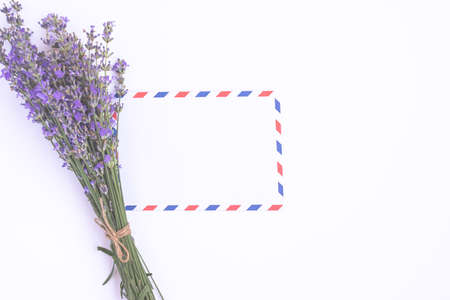 Fresh lavender bouquet and blank airmail envelope isolated on white background. Romantic message...