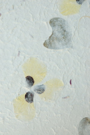 Handmade Paper - Handmade paper with pansy flower petals and leaf inclusions.の写真素材