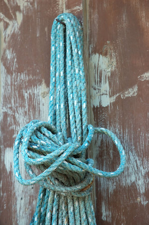 Blue Knot - Blue rope hangs from a nail on the side of the barn and is tied in a loose knot.
