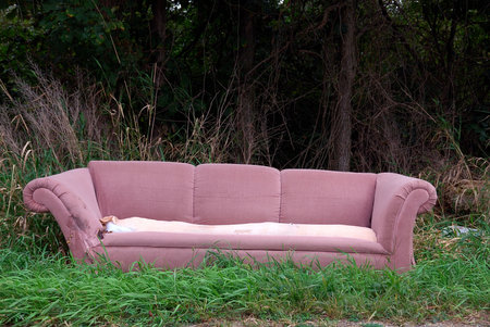 Roadside Sofa - An old sofa tossed out on the side of the road in the woods along a country road.の写真素材