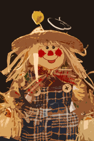 Scarecrow  -Computer drawn illustration of a scarecrow girl with a huge smile, plaid pants and a straw hat..の写真素材