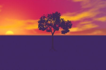 Lone Tree at Sunset - Computer illustration render of a single tree and brilliant sunset colors with a canvas textured surface.の写真素材