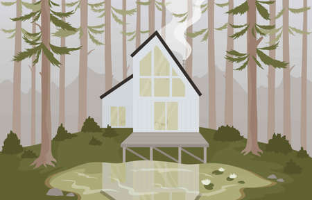 Modern house in the misty forest near the lake. Modern flat design concept. Vector illustrationのイラスト素材
