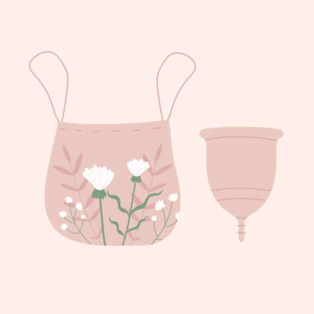 Pink menstrual cup with cloth bag. Zero waste device for women in critical days. Eco-friendly, plastic free concept. Flat cartoon vector illustration. Isolated on white background.のイラスト素材