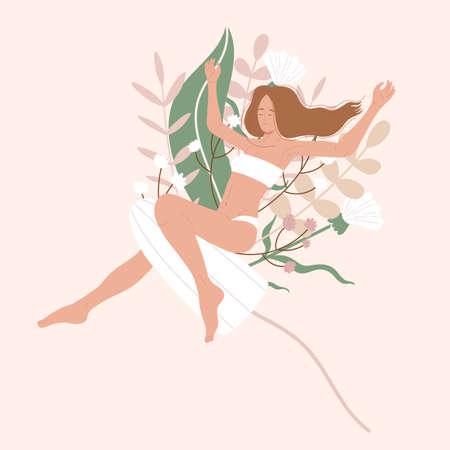 A young woman in underwear sitting on a tampon with flowers and leaves. Health and healthcare women in critical days. Feminine hygiene concept. Isolated flat cartoon vector illustration.のイラスト素材