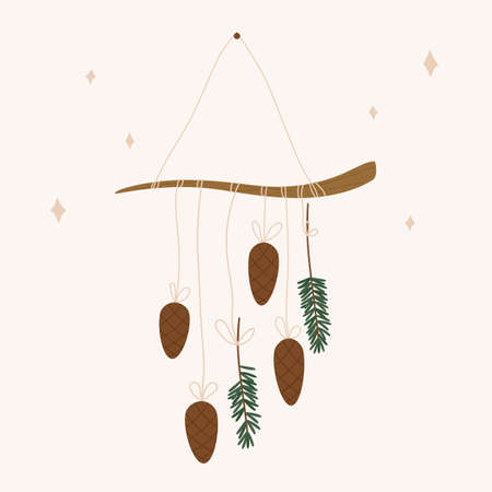 Christmas decoration. Decorative design element: pine branches and cones isolated on white background. Colorful illustration in flat cartoon style.のイラスト素材