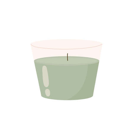 Candle in glass jar. Trend candle. Decorative wax candle for aromatherapy, spa and relax. Flat cartoon vector illustration. Isolated on white background.のイラスト素材