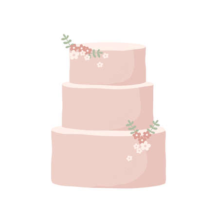 Modern Wedding Cake. Cake in pastel colors. Flowers and leaves, botanical decoration. Flat cartoon vector illustration. Isolated on white background.のイラスト素材