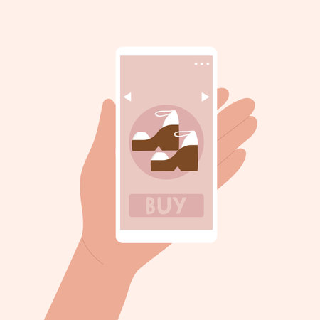 Online shopping concept. Female hand customer buy shoes in the online store. Shopping on social networks, apps concept. Flat cartoon vector illustration isolated on white backgroundのイラスト素材