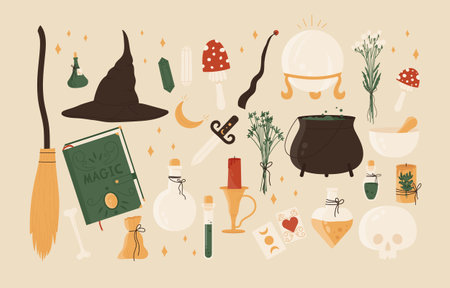 Witchcraft set. Fortune teller set. Magical occult elements for magic shop for witches concept. Esoteric and mystic symbols. Vector illustration in cartoon style. Isolated on white background.のイラスト素材