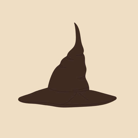 Brown old witch hat. Witchcraft attribute concept. Halloween decorative element. Vector illustration in cartoon style. Isolated on yellow background.のイラスト素材
