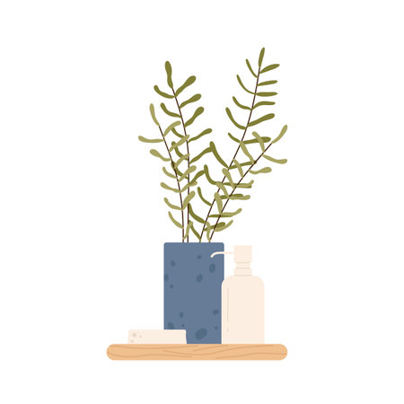 Modern bathroom shelf with plant, soap and gel. Cozy shelf with everyday body care. Flat cartoon vector illustration. Isolated on white background.のイラスト素材