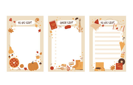 To do planner template. Daily check list cozy autumn vibes. Autumn trendy organizer elements. Harvest festival and thanksgiving day concept. Vector illustration in cartoon style. Isolated backgroundのイラスト素材